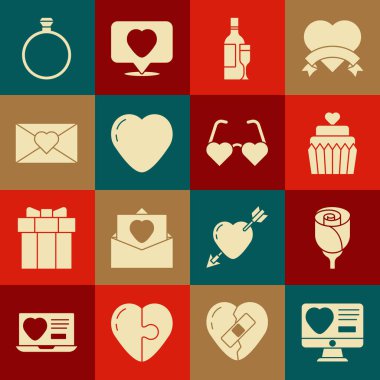 Flört uygulamasını çevrimiçi Çiçek Gülü Düğün pastası ve kalp şampanya şişesi Kalp Zarfı Sevgililer Günü Elmas nişan yüzüğü ve aşk gözlüğü ikonu şeklinde. Vektör.