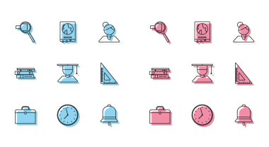 Çanta Saati Büyüteç Zil Çalar Mezuniyet Çanı ve Mezuniyet Şapkası Üçgen Cetvel Ofisi klasörlerini kağıt belgeleri ve Dünya Harita Okulu karatahta simgesi ile ayarla. Vektör.