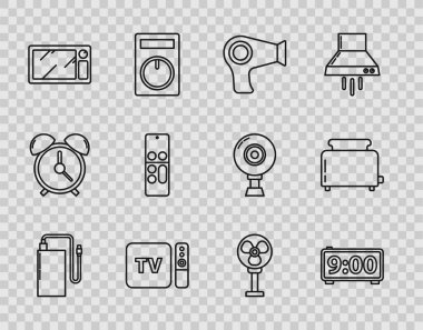 Hat güç bankasını farklı şarjlı kablo saat, saç kurutma makinesi TV alıcısı ve oyuncu uzaktan kumandalı mikrodalga fırın uzaktan kumandalı uzaktan kumanda vantilatörü ve tost makinesi tost ikonu ile ayarla. Vektör.