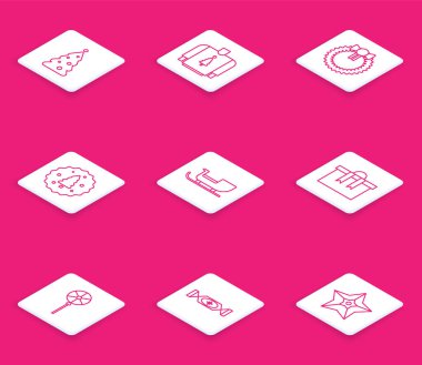 Süslü Noel ağacı, çelenkli kurabiye, çikolatalı Noel Baba, kızak, hediye kutusu lolipop ve şeker ikonu. Vektör.