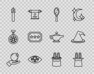 Sihirbaz şapkası, tavşan kulakları, Pentagram personel bileti ve cadı ikonunun aynası. Vektör.