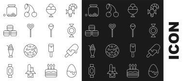 Çukulata yumurtalı dondurma, içinde şekerlemeler ve ikon olan lolipop Macaron kurabiye kavanozu. Vektör.