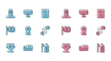 Çizgi Hayvanlar Ödülü Havlu Yığını Hayvan Temizlik Kurumu hayvan bakımı için dişçilik postası hijyeni Geri çekilebilir halat tasması ve isim etiketi ikonuyla Yaka. Vektör.