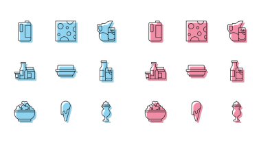 Krep külahlı süzme peynirli dondurma, plastik şişe Milkshake, tereyağlı tabak, şişe süt, cam ürün ve peynir ikonu. Vektör.