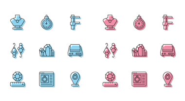 Gem Stone Mücevherat 'ı online alışveriş kolyesi, kolye mankeni, elektronik mücevher pulları ve cep saati ikonu olarak ayarla. Vektör.