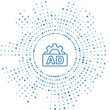 Mavi çizgi reklam simgesi beyaz arkaplanda izole edildi. Pazarlama ve tanıtım süreci kavramı. İlgili reklamlar. Sosyal medya reklamcılığı. Soyut çember rastgele noktalar. Vektör.