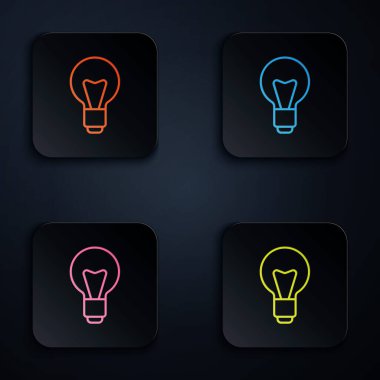 Siyah arkaplanda izole edilmiş fikir ikonu konseptine sahip renkli neon çizgisi ampulü. Enerji ve fikir sembolü. İlham konsepti. Kare düğmelere simgeleri yerleştir. Vektör.