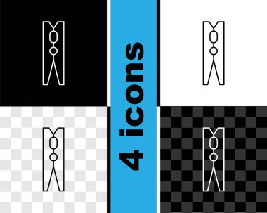 Çizgiyi ayarla Eski ahşap iğne simgesi siyah beyaz, şeffaf arkaplanda izole edilmiş. Elbise askısı. Vektör.