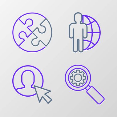 Çizgi büyüteç ve teçhizat ayarla. Adam giysisi kullanıcısı, Globe insanları ve yapboz ikonu. Vektör.