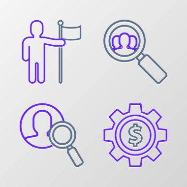 Arama görevlileri ve bayrak simgesi tutan adam için dolar sembolü büyüteç ile çizgi oluşturun. Vektör.