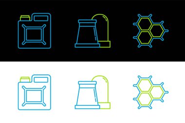 Benzin halkalarından, benzin bidonundan, petrolden ve endüstriyel fabrika ikonundan oluşan kimyasal formülü belirleyin. Vektör.