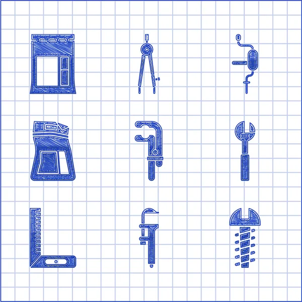 Set Herramienta Abrazadera Pinza Pinza Escala Tornillo Metálico Llave Ajustable — Vector de stock