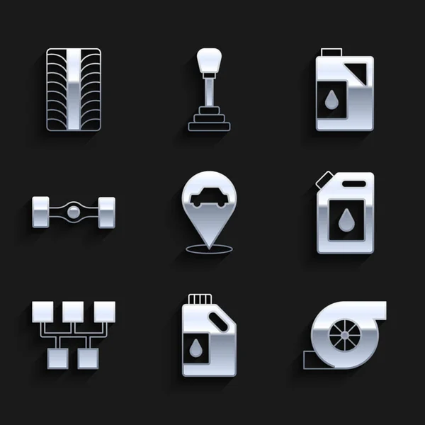Set Ubicación Con Servicio Coche Bote Para Aceite Motor Turbocompresor — Archivo Imágenes Vectoriales
