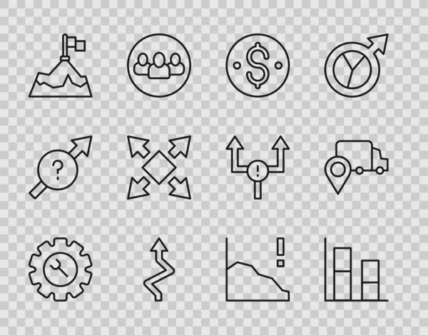 Set Line Schraubenschlüssel Und Getriebe Diagramm Dollar Symbol Pfeilberge Mit — Stockvektor