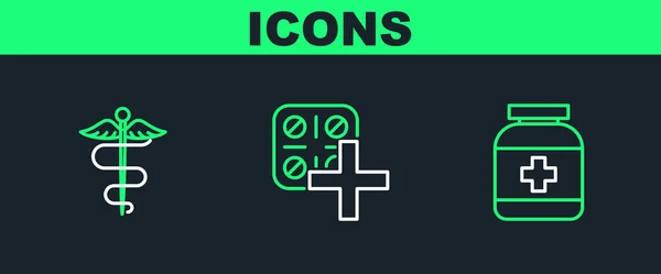 Set Lijn Medicijnfles Caduceus Slang Medisch Symbool Pillen Blisterverpakking Pictogram — Stockvector