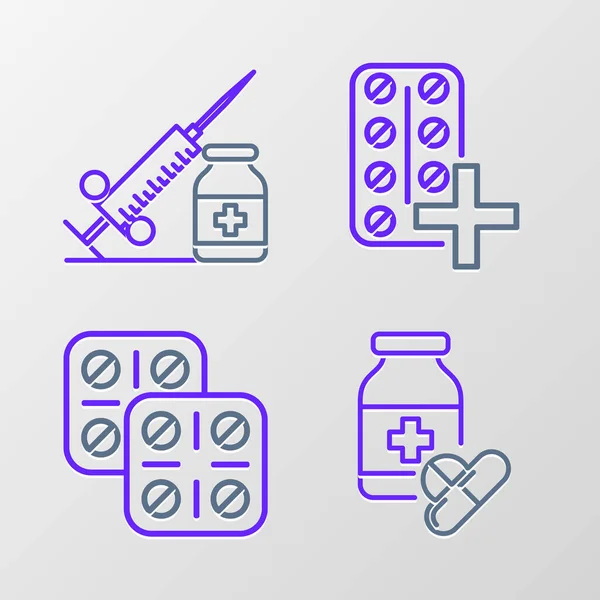 设置线药瓶和药丸起泡包和带针筒或安培图标的医疗注射器 — 图库矢量图片