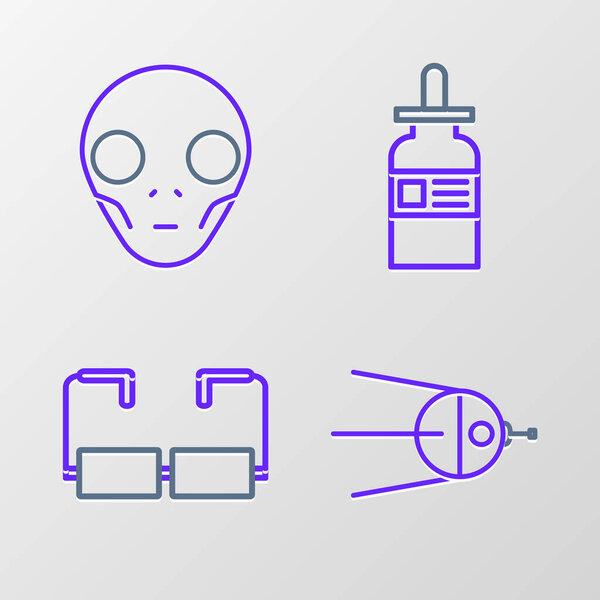 Set line Satellite Glasses bottle with pipette and Extraterrestrial alien face icon. Vector.