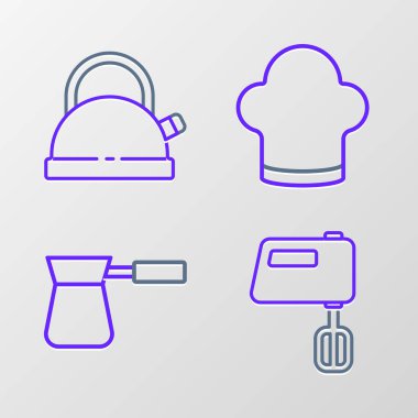 Elektrikli karıştırıcı, Türk aşçı şapkası ve ikonlu çaydanlık. Vektör.