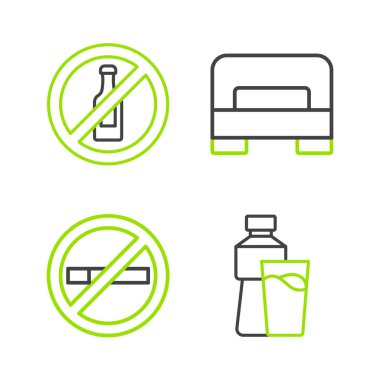 Cam kaplı bir şişe su. Sigara içilmeyen büyük yatak ve alkol ikonu. Vektör.