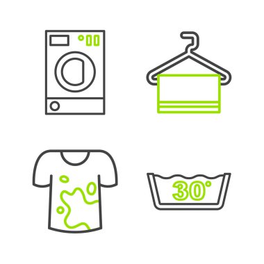 Hat sıcaklığını ayarla. Kirli tişörtü askı ve çamaşır yıkama ikonu ile yıka. Vektör.