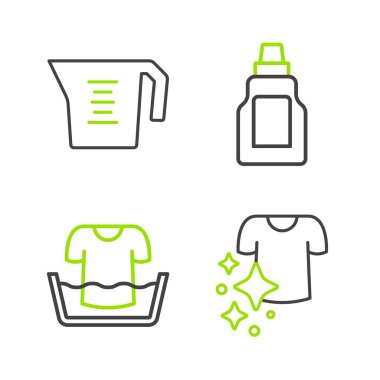 Temizlik malzemesi ve ölçü kabı simgesi için çamaşır leğeni ve tişört şişesiyle ipi kurula. Vektör.