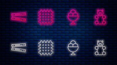 Cracker bisküvisi, kasede dondurma, şeker paketleri ve jelibon şekeri. Tuğla duvarda parlayan neon simgesi. Vektör.