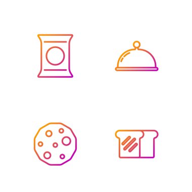 Ekmek tostu, kurabiye ya da bisküvi paketli patates cipsi ve tepsiyle kaplı. Renk simgeleri. Vektör.