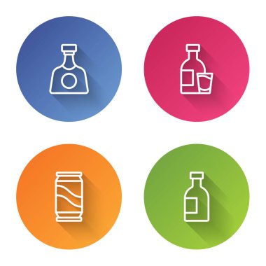 Sıra tekila şişesi, bardaklı bir şişe votka, bira kutusu ve bardak. Renkli daire düğmesi. Vektör.