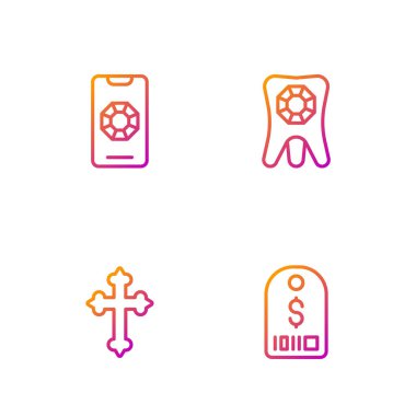 Dolar, Hıristiyan haçı, mücevher çevrimiçi alışveriş ve diş elması ile etiket belirle. Renk simgeleri. Vektör.