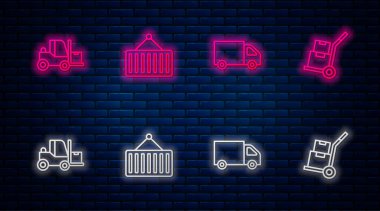 Hat konteynırını vinç kargo kamyonu forklift, el ve kutulara ayarlayın. Tuğla duvarda parlayan neon simgesi. Vektör.