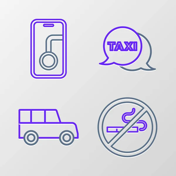 Ustaw Linię Smoking Car Taksówka Połączenie Telefoniczne Ikona Nawigacji Mapy — Wektor stockowy