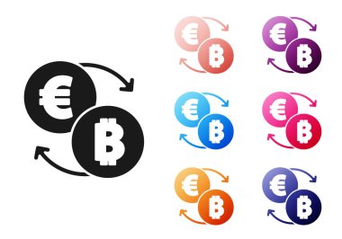 Beyaz arkaplanda siyah kripto döviz simgesi izole edildi. Bitcoin 'den Euro takas simgesine. Kripto para teknolojisi, mobil bankacılık. Simgeleri renklendirin. Vektör.