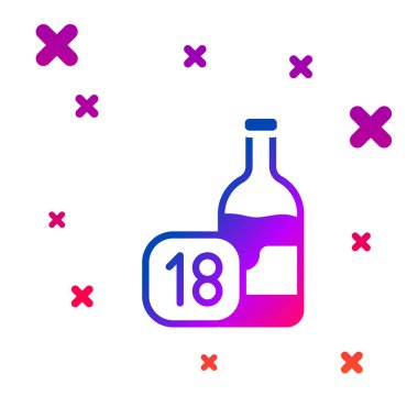 Beyaz arka planda izole edilmiş renkli şarap şişesi simgesi. Alkol için yaş sınırı. Kademeli rastgele dinamik şekiller. Vektör