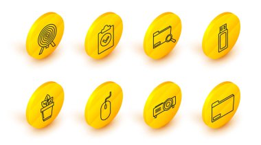 Satır Belge dizini, Sunum, film, medya projektörü, Bilgisayar faresi, saksıdaki çiçekler, USB flash disk, Arama konsepti, Tamamlanmış görev ve Hedef simgesi ile ayarla. Vektör