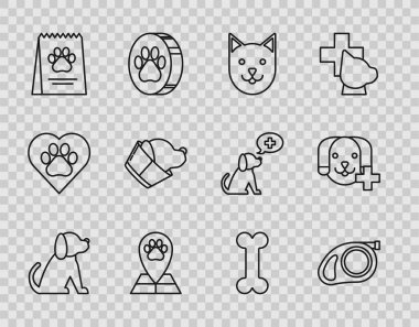 Çizgi Köpek, karabinalı geri çekilebilir ip tasması, Kedi, Harita göstergesi veteriner tıp hastanesi, köpek için yiyecek çantası, veteriner kliniği sembolü, kemik ve ikon. Vektör