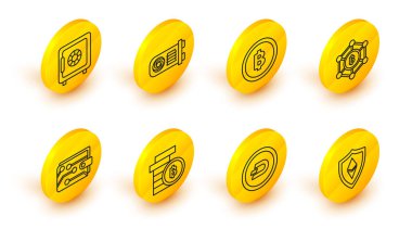 Kalkan Ethereum ETH, Kripto para birimi Dash, Bitcoin, cüzdan, engelleme zinciri teknolojisi, madencilik çiftliği ve kasa simgesi. Vektör