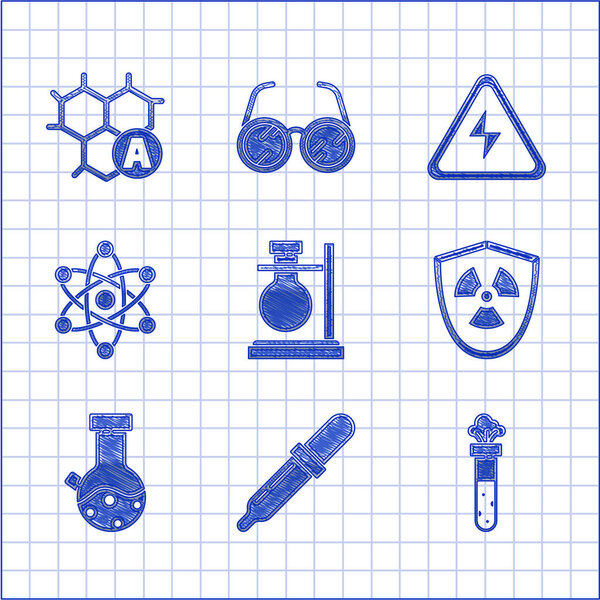 Set Test tube flask on stand, Pipette, chemical, Radioactive in shield, Atom, High voltage sign and Chemical formula icon. Vector
