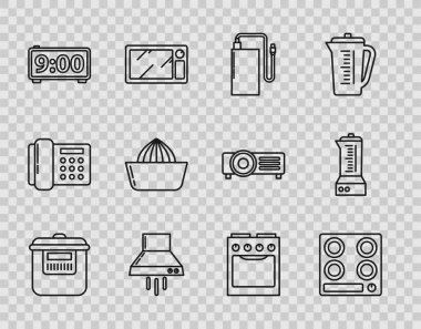 Yavaş fırın, gaz ocağı, farklı şarj kablolu elektrik bankası, mutfak vantilatörü, dijital alarm saati, meyve sıkacağı, fırın ve blender ikonu. Vektör
