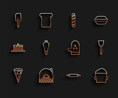 Pizza dilimi, Brick sobası, Spatula, merdane, fırın hamuru kek süslemek için pasta torbası ve fırın eldiveni ikonu. Vektör