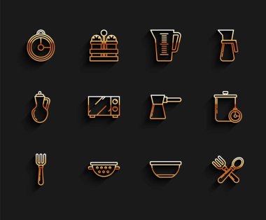Set hattı Fork, Kitchen süzgeci, zamanlayıcı, kase, çapraz çatal kaşık, mikrodalga fırın, tencere mutfağı ve kahve ikonu. Vektör