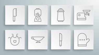 Mutfak önlüğü, blender, sos teknesi, bıçak, fırın eldiveni, tuz ve biber, kıyma makinesi ve ekmek bıçağı ikonu. Vektör