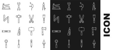 Çizgi Trowel, tahta balta, macun bıçağı, el matkabı, balyoz, katlama cetveli, inşaat zımbası ve makas simgesi. Vektör