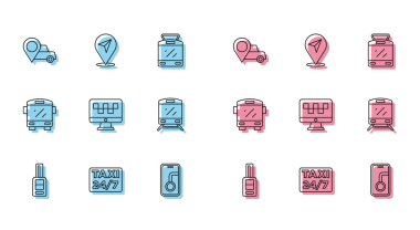Hat anahtarını uzaktan kumandalı araç, konum taksisi, şehir haritası navigasyonu, bilgisayar çağrı servisi, tren, otobüs ve simge ile ayarla. Vektör