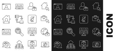 Kamerayı dizüstü bilgisayara, çevrim içi çalışmaya, Freelancer 'a, sohbet konferansına ve dilsiz mikrofon ikonuna ayarla. Vektör