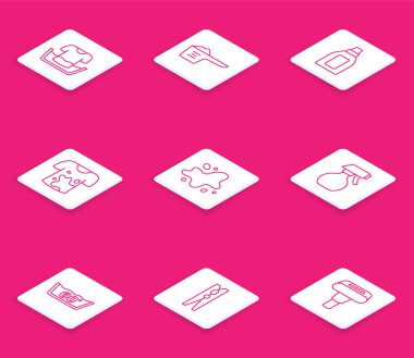 Tişört, çamaşır tozu, temizlik malzemesi şişesi, kirli tişört, su dökülmesi, sprey boya şişesi, sismik yıkama ve mandal ikonu. Vektör