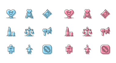 Kadın, kadın, cinsiyet, hijyenik peçete, eşitlik, feminist aktivist, ruj ve ikon için belli bir çizgi çalışması. Vektör