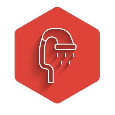 Beyaz çizgi evcil hayvan duş ikonu uzun gölgeli izole edilmiş. Kırmızı altıgen düğmesi. Vektör.