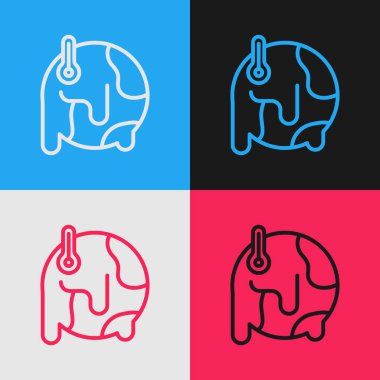 Pop Art Line Planet Earth 'ün küresel ısınma simgesine erimesi renk arka planında izole edilmiş. Ekolojik problemler ve çözümler - termometre. Vektör.