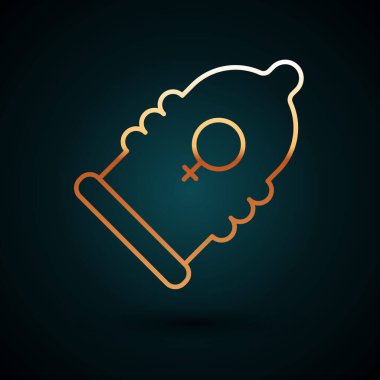 Altın çizgili prezervatif güvenli seks ikonu koyu mavi arka planda izole edilmiş. Güvenli aşk sembolü. Erkekler için doğum kontrol yöntemi. Vektör