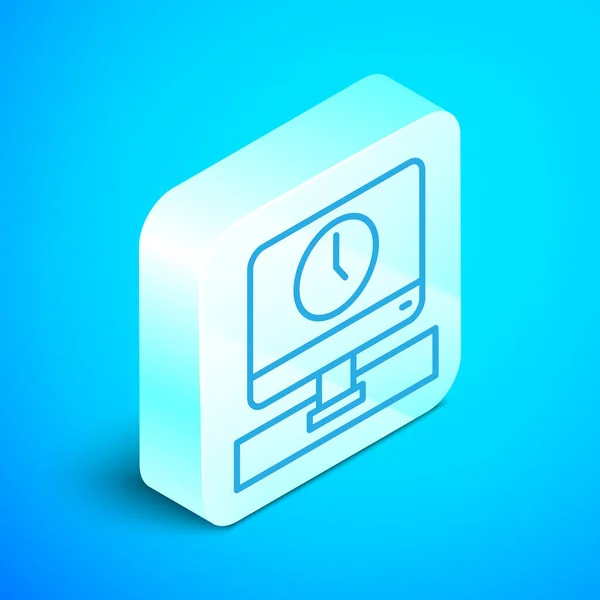 等距线计算机监控时间图标隔离在蓝色背景上 电子设备 前面的景色银方按钮 — 图库矢量图片